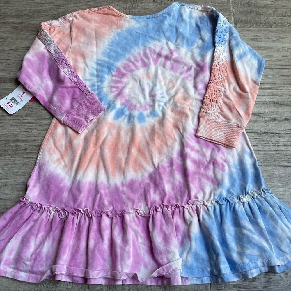 NWT Justice Girls Tie Dye Ruffle Hem Knit Sleeve Detail Pink/Orange/Blue SZ S